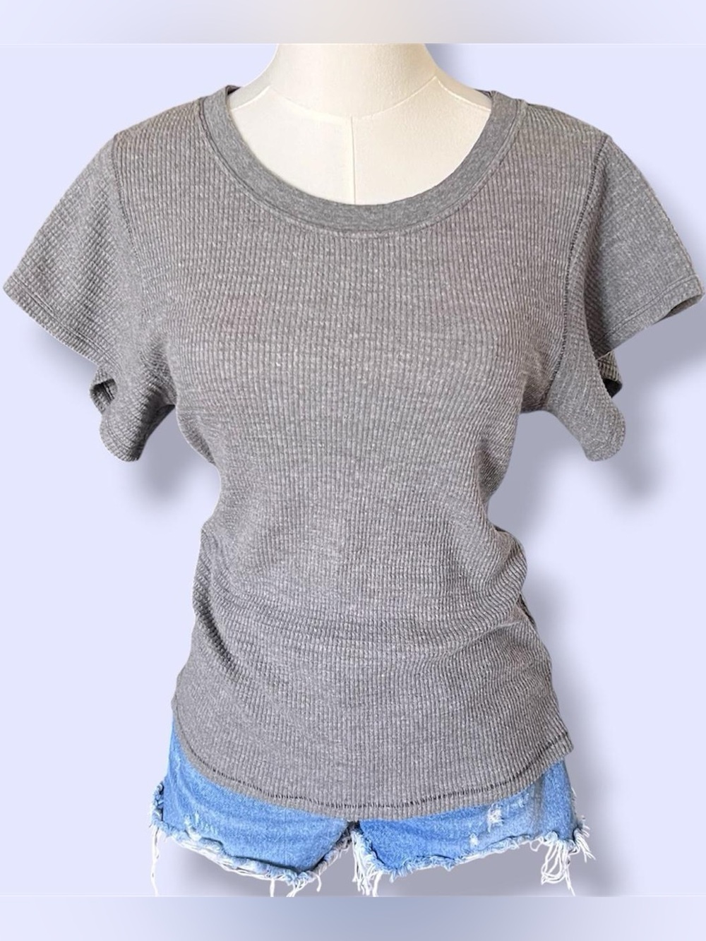 Free People We The Free Grey Flutter Short Sleeve Waffle Knit Thermal Top 🤍